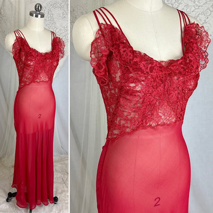 Vintage 1940's - 1950's Hand Stitched Crimson Red Silk Chiffon Nightgown with Ruffled Lace - By Garfield's, Size XS, S - Daggers & Dames