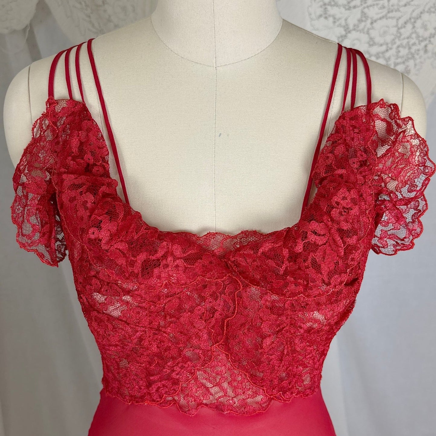 Vintage 1940's - 1950's Hand Stitched Crimson Red Silk Chiffon Nightgown with Ruffled Lace - By Garfield's, Size XS, S - Daggers & Dames