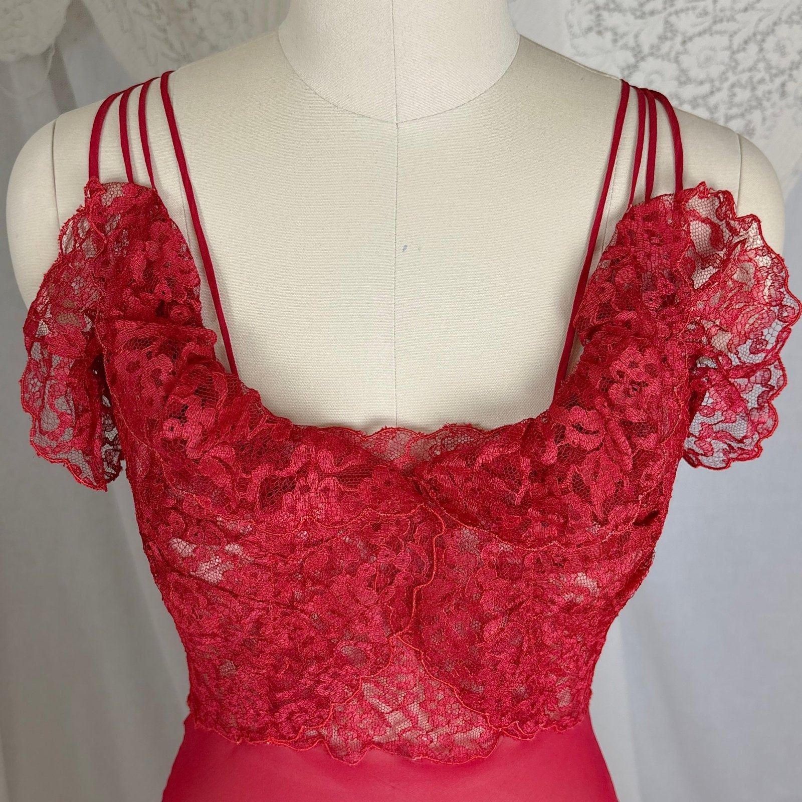 Vintage 1940's - 1950's Hand Stitched Crimson Red Silk Chiffon Nightgown with Ruffled Lace - By Garfield's, Size XS, S - Daggers & Dames