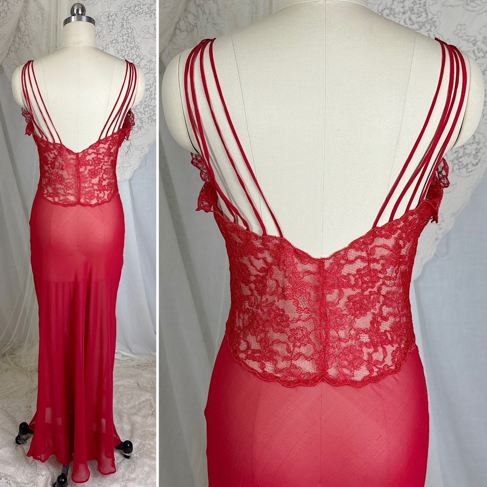 Vintage 1940's - 1950's Hand Stitched Crimson Red Silk Chiffon Nightgown with Ruffled Lace - By Garfield's, Size XS, S - Daggers & Dames