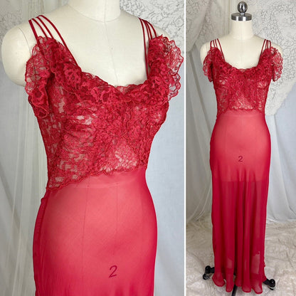 Vintage 1940's - 1950's Hand Stitched Crimson Red Silk Chiffon Nightgown with Ruffled Lace - By Garfield's, Size XS, S - Daggers & Dames