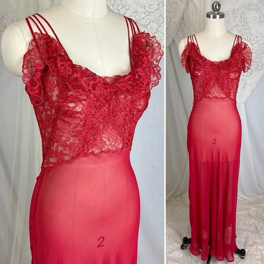 Vintage 1940's - 1950's Hand Stitched Crimson Red Silk Chiffon Nightgown with Ruffled Lace - By Garfield's, Size XS, S - Daggers & Dames