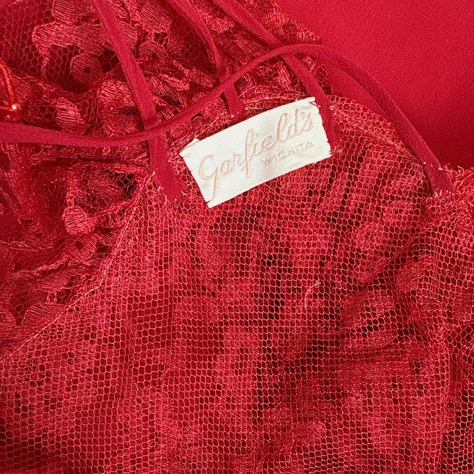 Vintage 1940's - 1950's Hand Stitched Crimson Red Silk Chiffon Nightgown with Ruffled Lace - By Garfield's, Size XS, S - Daggers & Dames