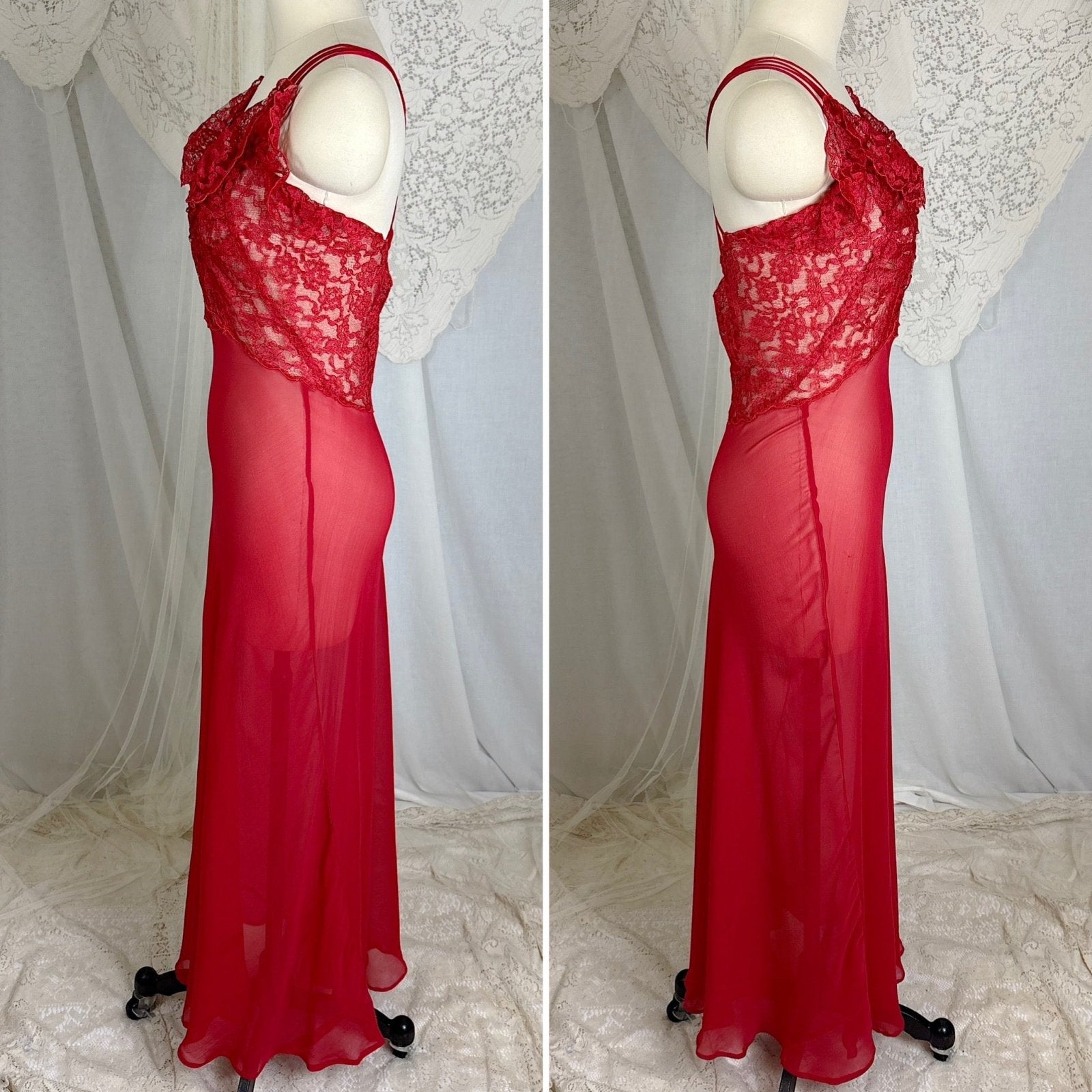 Vintage 1940's - 1950's Hand Stitched Crimson Red Silk Chiffon Nightgown with Ruffled Lace - By Garfield's, Size XS, S - Daggers & Dames