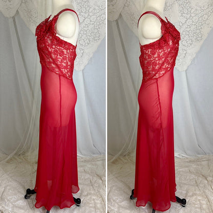 Vintage 1940's - 1950's Hand Stitched Crimson Red Silk Chiffon Nightgown with Ruffled Lace - By Garfield's, Size XS, S - Daggers & Dames