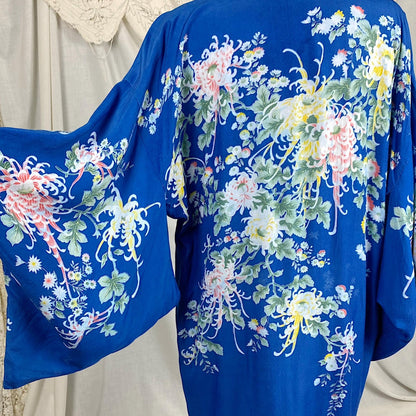 Vintage 1940's - 1950's Japanese Kimono Robe | Cobalt Blue Rayon with Elaborate Floral Print | Size Free - Daggers & Dames
