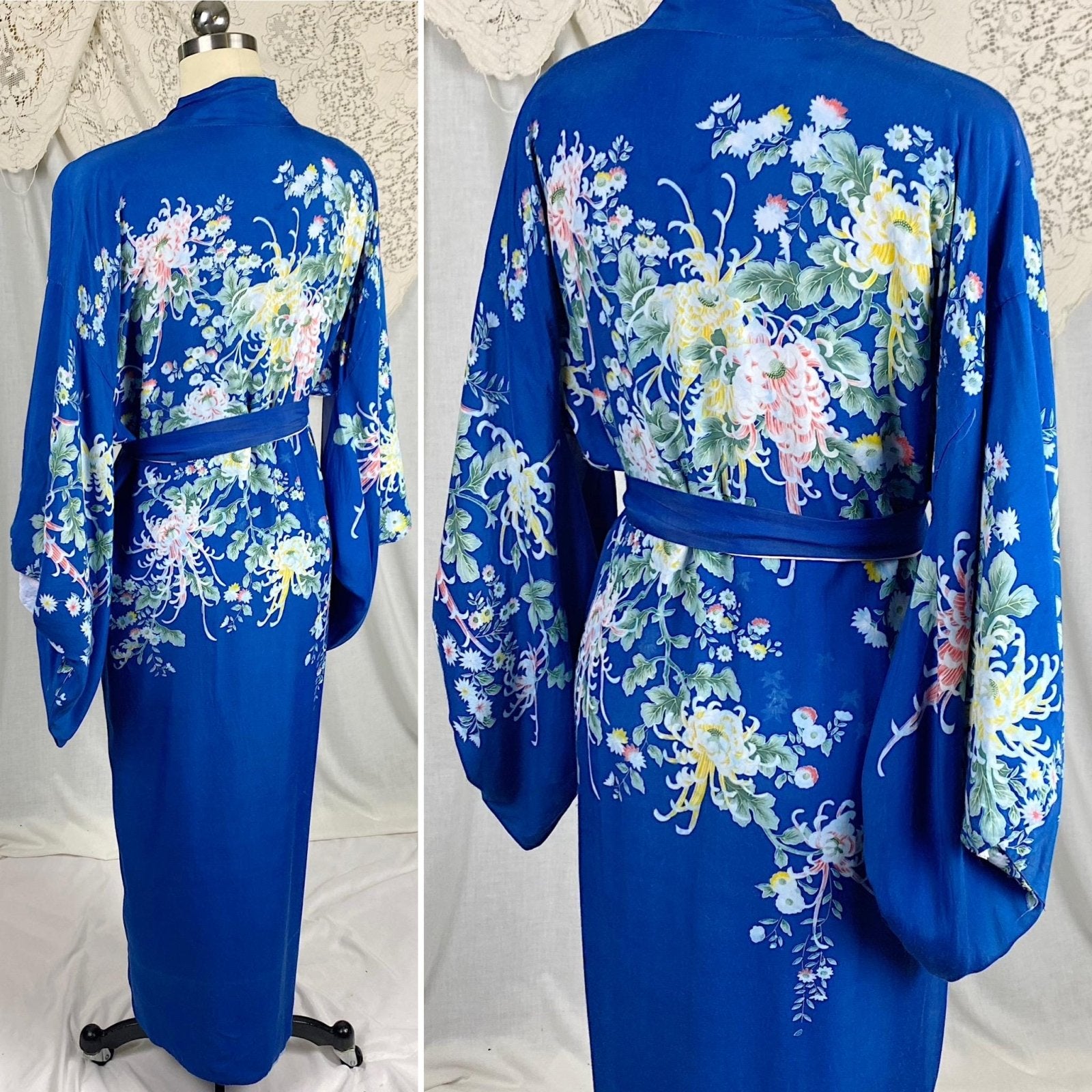 Vintage 1940's - 1950's Japanese Kimono Robe | Cobalt Blue Rayon with Elaborate Floral Print | Size Free - Daggers & Dames