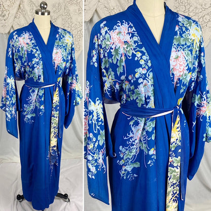 Vintage 1940's - 1950's Japanese Kimono Robe | Cobalt Blue Rayon with Elaborate Floral Print | Size Free - Daggers & Dames