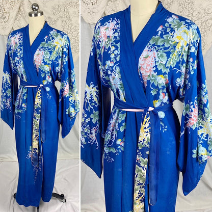 Vintage 1940's - 1950's Japanese Kimono Robe | Cobalt Blue Rayon with Elaborate Floral Print | Size Free - Daggers & Dames