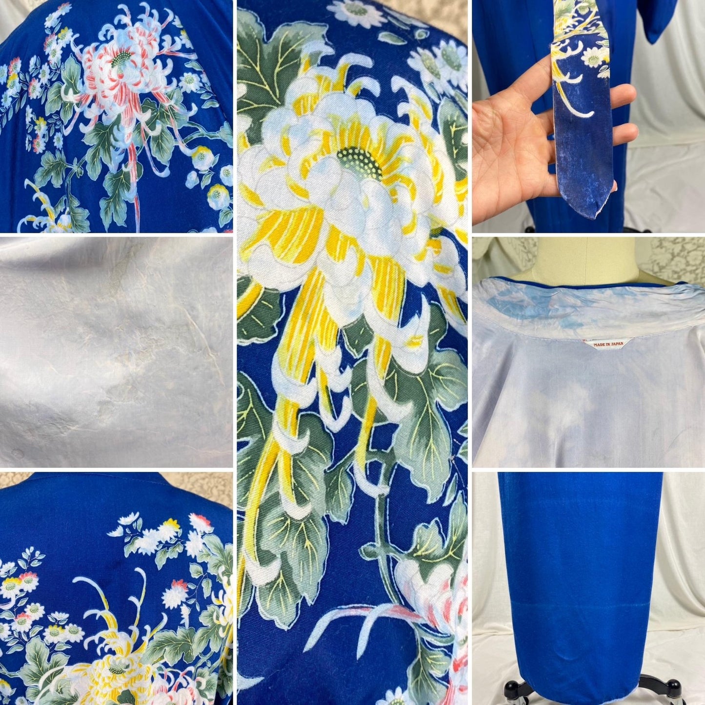Vintage 1940's - 1950's Japanese Kimono Robe | Cobalt Blue Rayon with Elaborate Floral Print | Size Free - Daggers & Dames