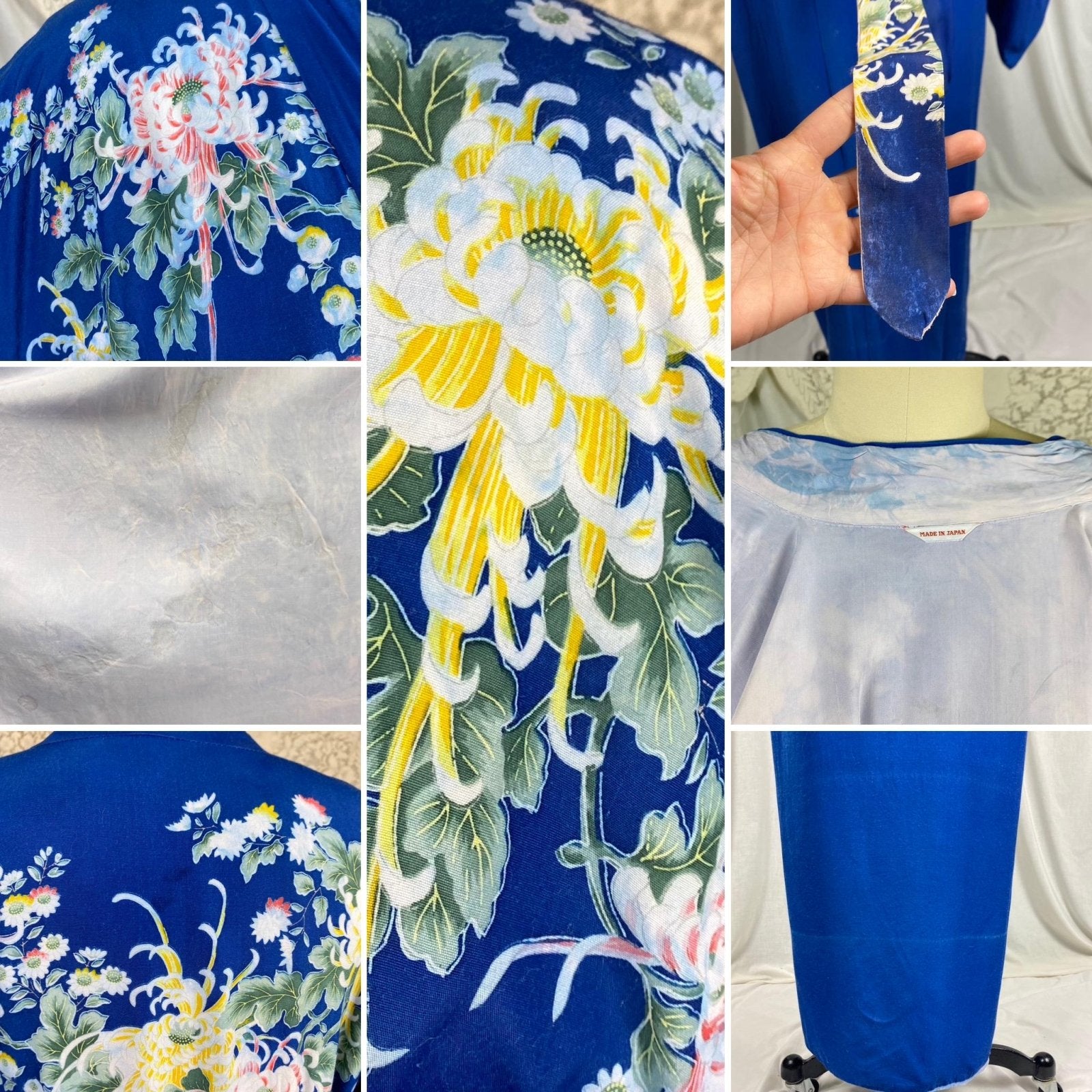 Vintage 1940's - 1950's Japanese Kimono Robe | Cobalt Blue Rayon with Elaborate Floral Print | Size Free - Daggers & Dames
