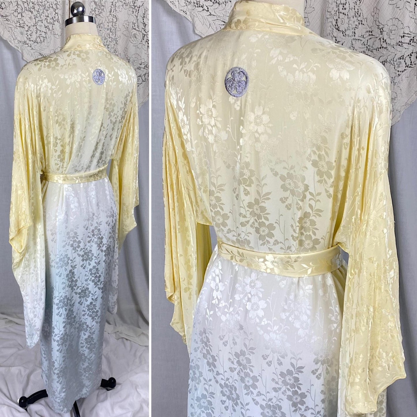Vintage 1940's - 1950's Japanese Kimono Robe | Lemon Yellow & Gray Ombre Rayon Satin Damask with Fringe Sash tie | Mitsuba Aoi Crest - Daggers & Dames