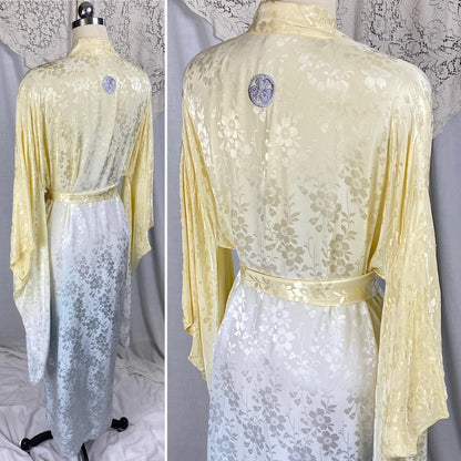 Vintage 1940's - 1950's Japanese Kimono Robe | Lemon Yellow & Gray Ombre Rayon Satin Damask with Fringe Sash tie | Mitsuba Aoi Crest - Daggers & Dames