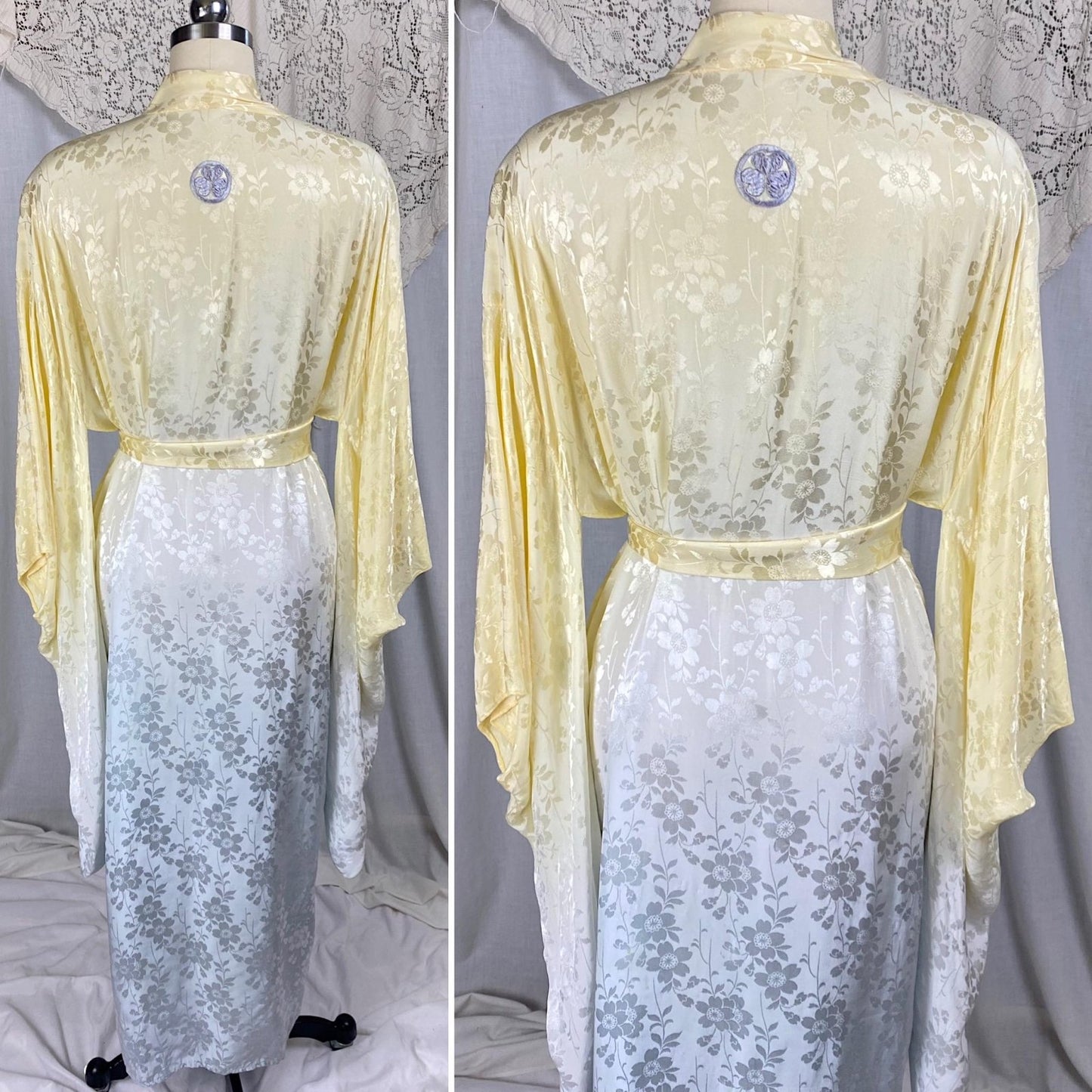 Vintage 1940's - 1950's Japanese Kimono Robe | Lemon Yellow & Gray Ombre Rayon Satin Damask with Fringe Sash tie | Mitsuba Aoi Crest - Daggers & Dames