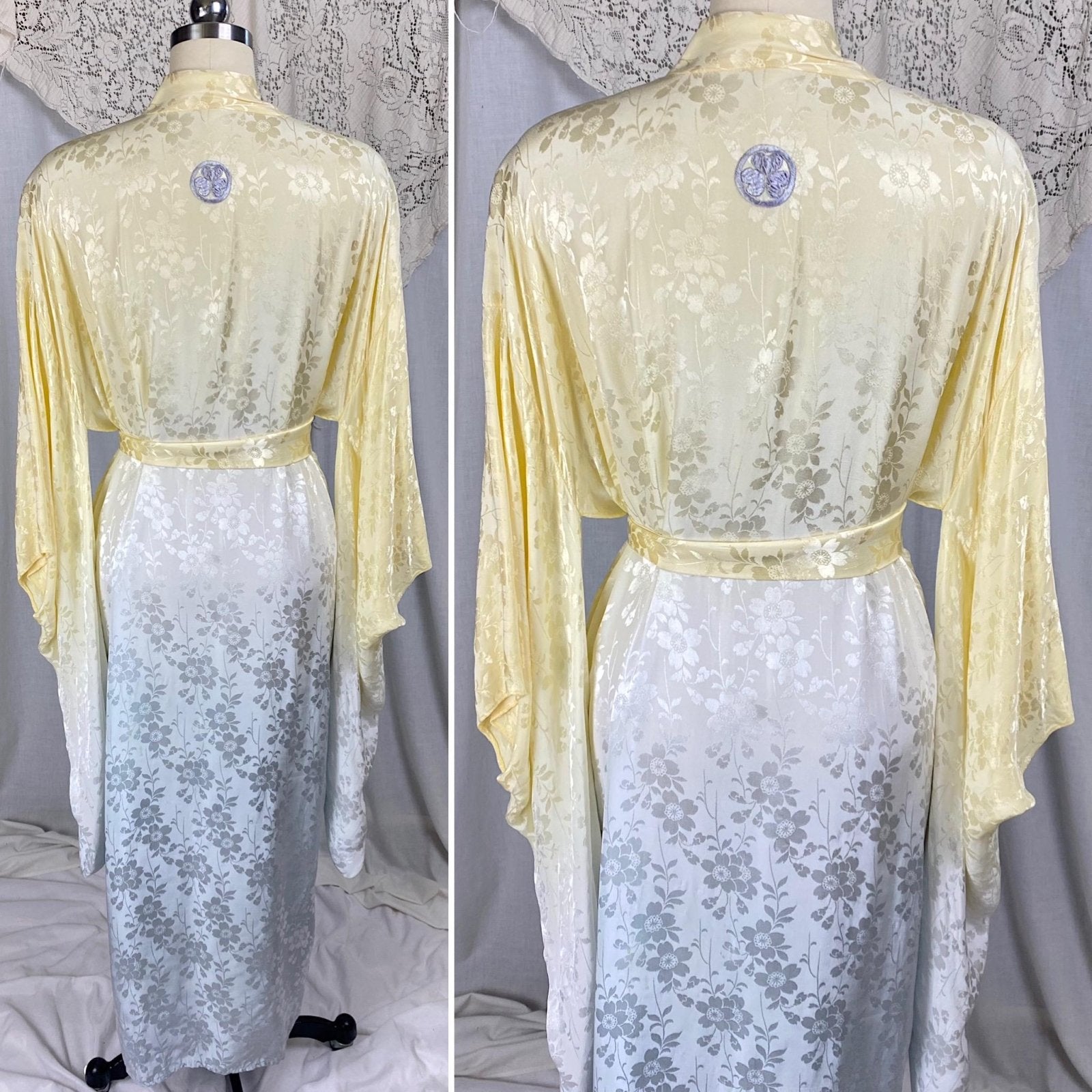 Vintage 1940's - 1950's Japanese Kimono Robe | Lemon Yellow & Gray Ombre Rayon Satin Damask with Fringe Sash tie | Mitsuba Aoi Crest - Daggers & Dames