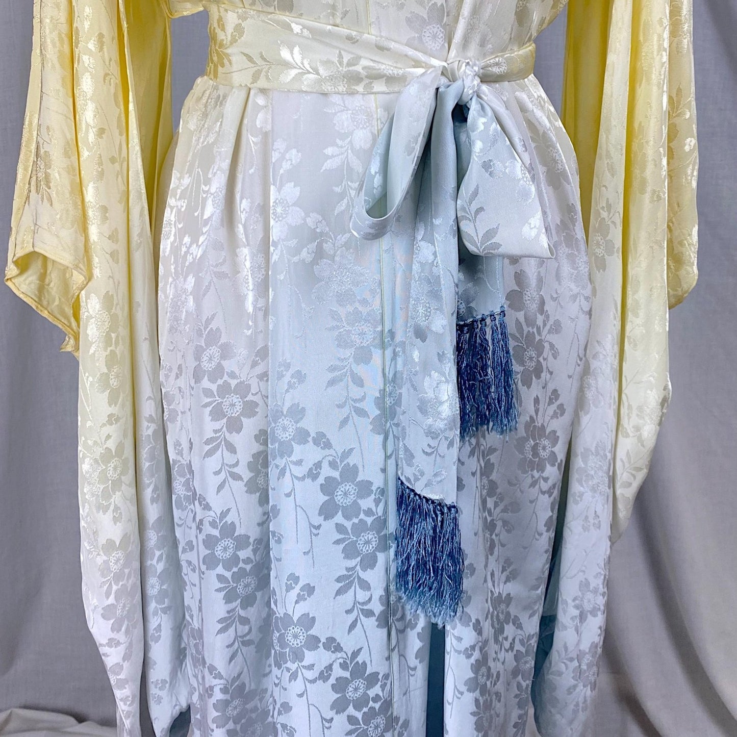 Vintage 1940's - 1950's Japanese Kimono Robe | Lemon Yellow & Gray Ombre Rayon Satin Damask with Fringe Sash tie | Mitsuba Aoi Crest - Daggers & Dames