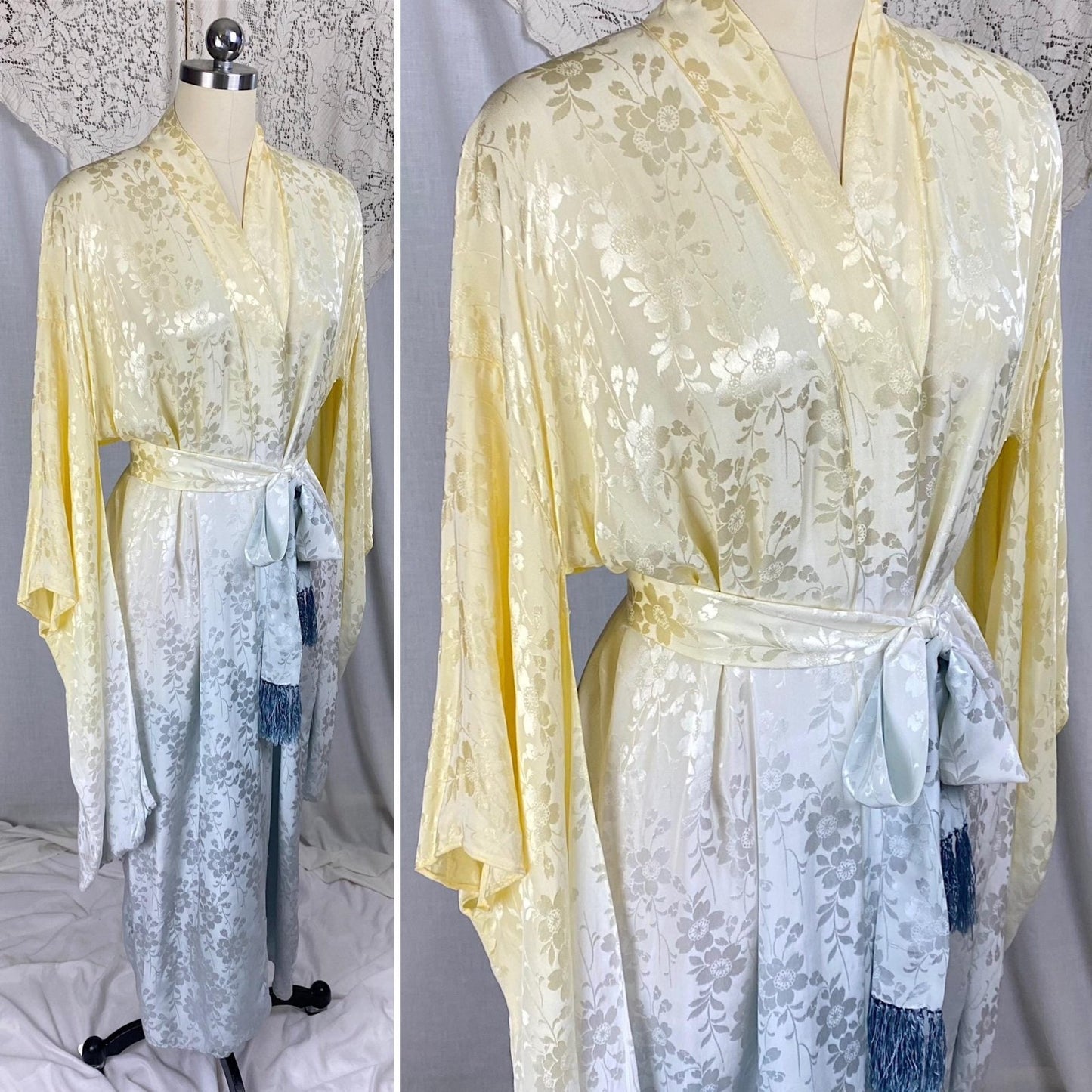 Vintage 1940's - 1950's Japanese Kimono Robe | Lemon Yellow & Gray Ombre Rayon Satin Damask with Fringe Sash tie | Mitsuba Aoi Crest - Daggers & Dames