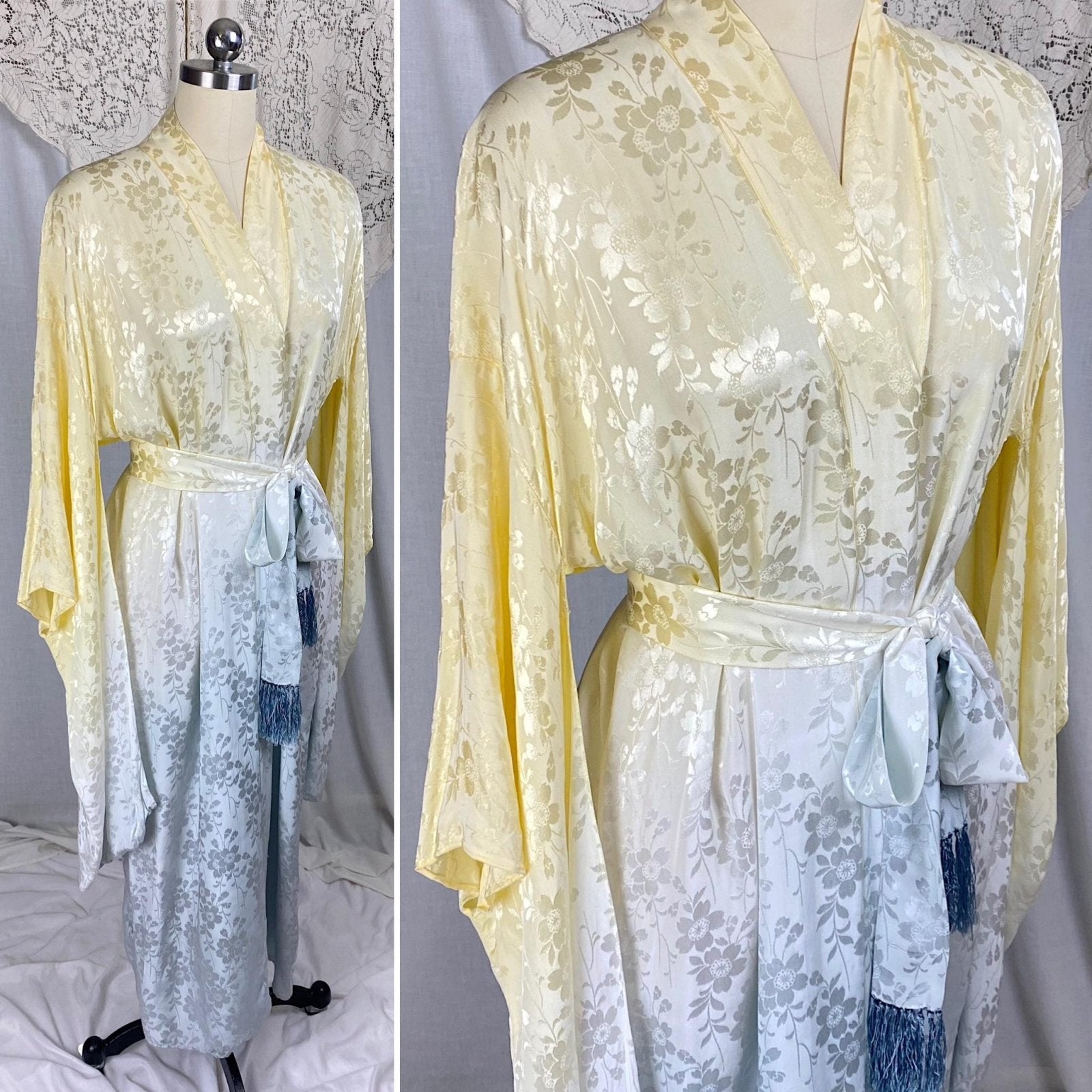 Vintage 1940's - 1950's Japanese Kimono Robe | Lemon Yellow & Gray Ombre Rayon Satin Damask with Fringe Sash tie | Mitsuba Aoi Crest - Daggers & Dames