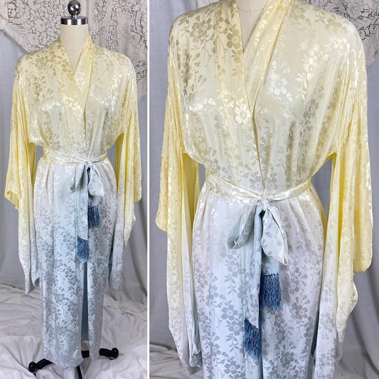 Vintage 1940's - 1950's Japanese Kimono Robe | Lemon Yellow & Gray Ombre Rayon Satin Damask with Fringe Sash tie | Mitsuba Aoi Crest - Daggers & Dames