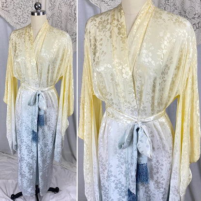 Vintage 1940's - 1950's Japanese Kimono Robe | Lemon Yellow & Gray Ombre Rayon Satin Damask with Fringe Sash tie | Mitsuba Aoi Crest - Daggers & Dames