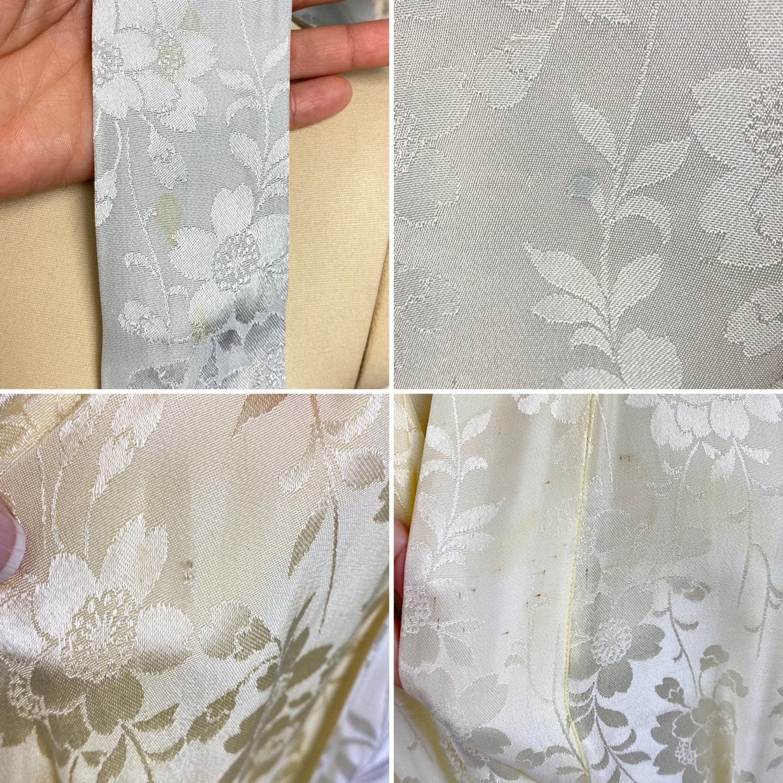 Vintage 1940's - 1950's Japanese Kimono Robe | Lemon Yellow & Gray Ombre Rayon Satin Damask with Fringe Sash tie | Mitsuba Aoi Crest - Daggers & Dames