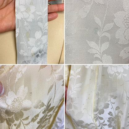 Vintage 1940's - 1950's Japanese Kimono Robe | Lemon Yellow & Gray Ombre Rayon Satin Damask with Fringe Sash tie | Mitsuba Aoi Crest - Daggers & Dames