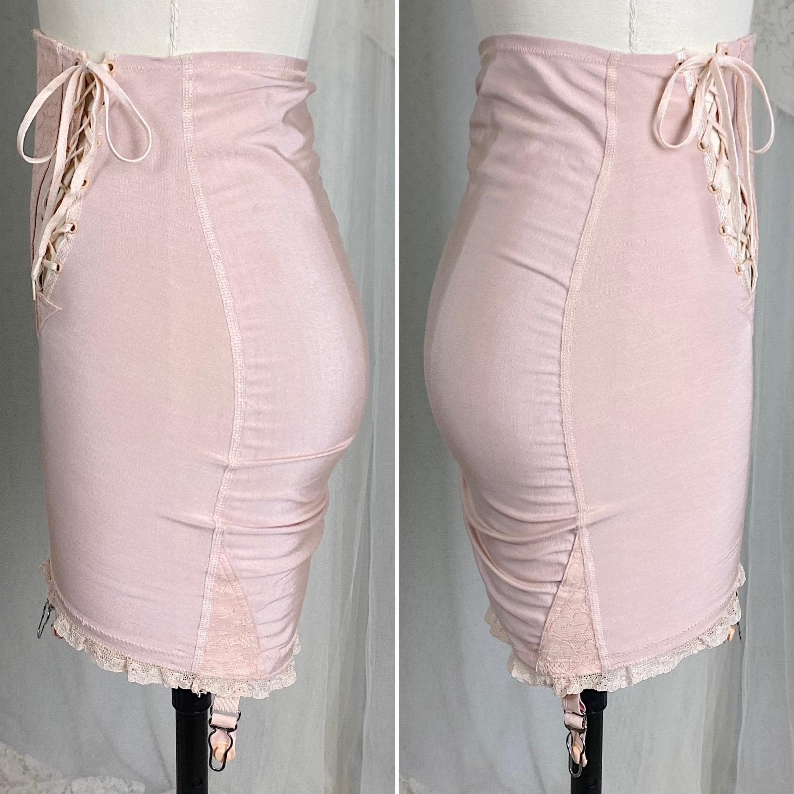 Vintage 1940's - 1950's Maternity Girdle - Warm Blush Pink Rayon Cotton Blend with Floral Lace - Size XS, S - Cocktail Hour, San Francisco - Daggers & Dames