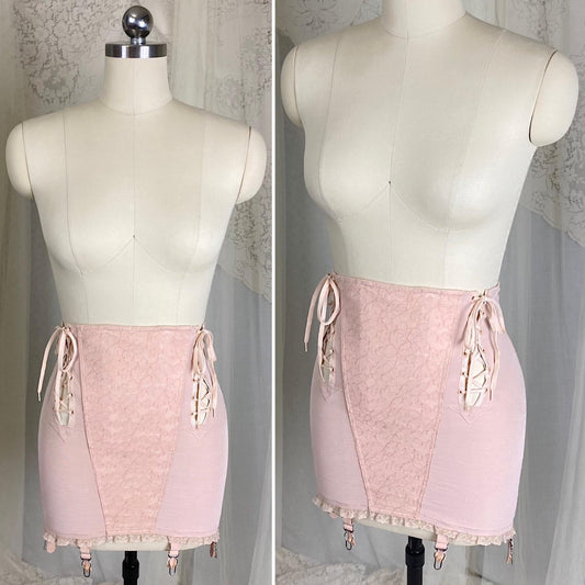 Vintage 1940's - 1950's Maternity Girdle - Warm Blush Pink Rayon Cotton Blend with Floral Lace - Size XS, S - Cocktail Hour, San Francisco - Daggers & Dames