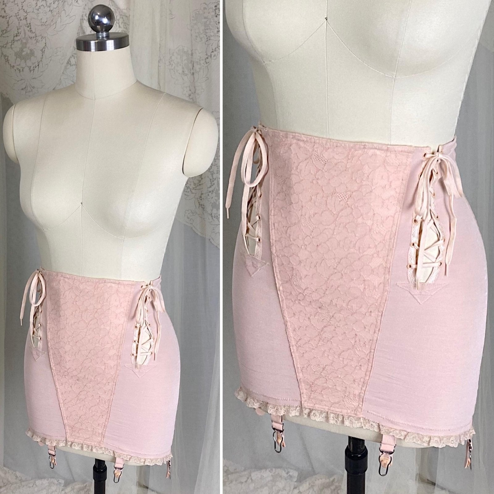 Vintage 1940's - 1950's Maternity Girdle - Warm Blush Pink Rayon Cotton Blend with Floral Lace - Size XS, S - Cocktail Hour, San Francisco - Daggers & Dames