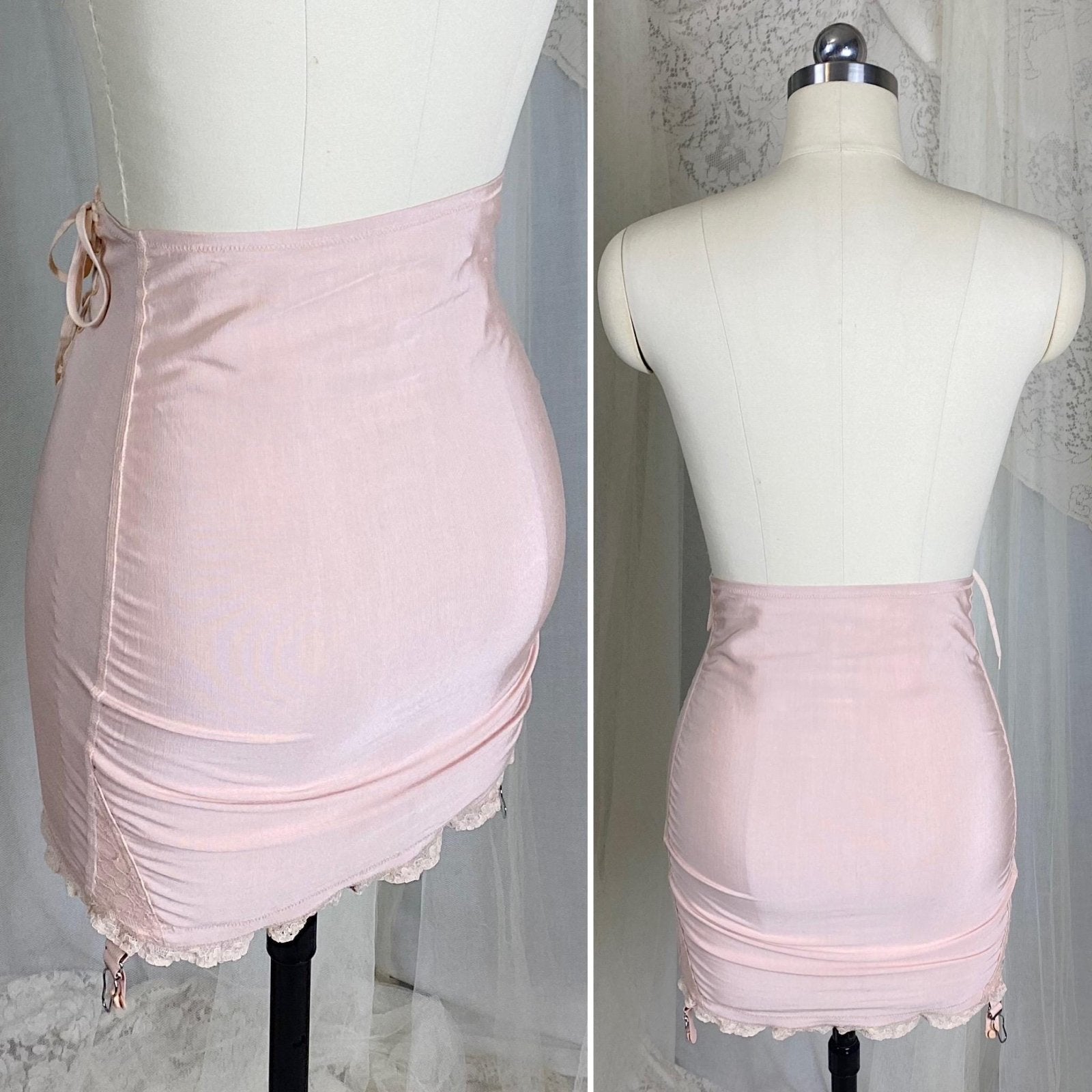 Vintage 1940's - 1950's Maternity Girdle - Warm Blush Pink Rayon Cotton Blend with Floral Lace - Size XS, S - Cocktail Hour, San Francisco - Daggers & Dames