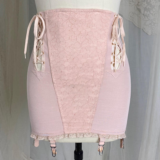 Vintage 1940's - 1950's Maternity Girdle - Warm Blush Pink Rayon Cotton Blend with Floral Lace - Size XS, S - Cocktail Hour, San Francisco - Daggers & Dames