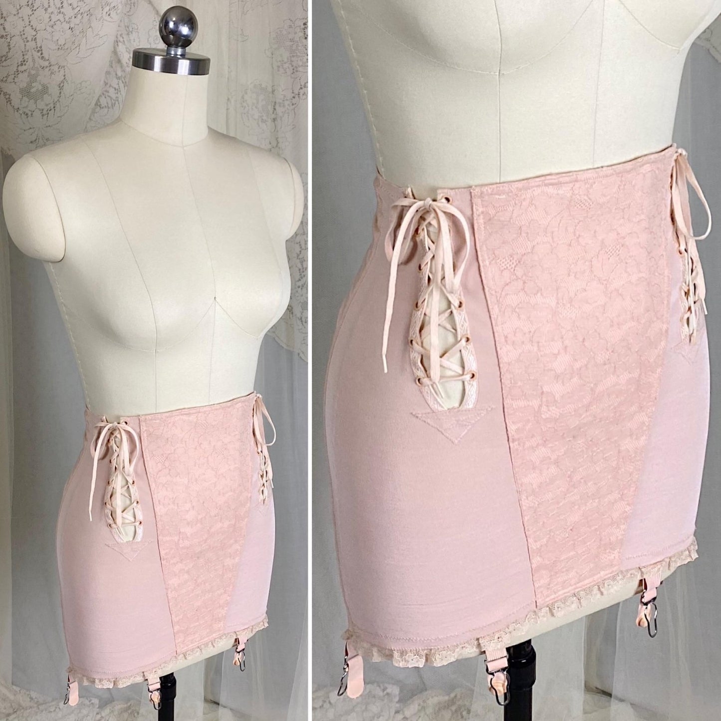 Vintage 1940's - 1950's Maternity Girdle - Warm Blush Pink Rayon Cotton Blend with Floral Lace - Size XS, S - Cocktail Hour, San Francisco - Daggers & Dames