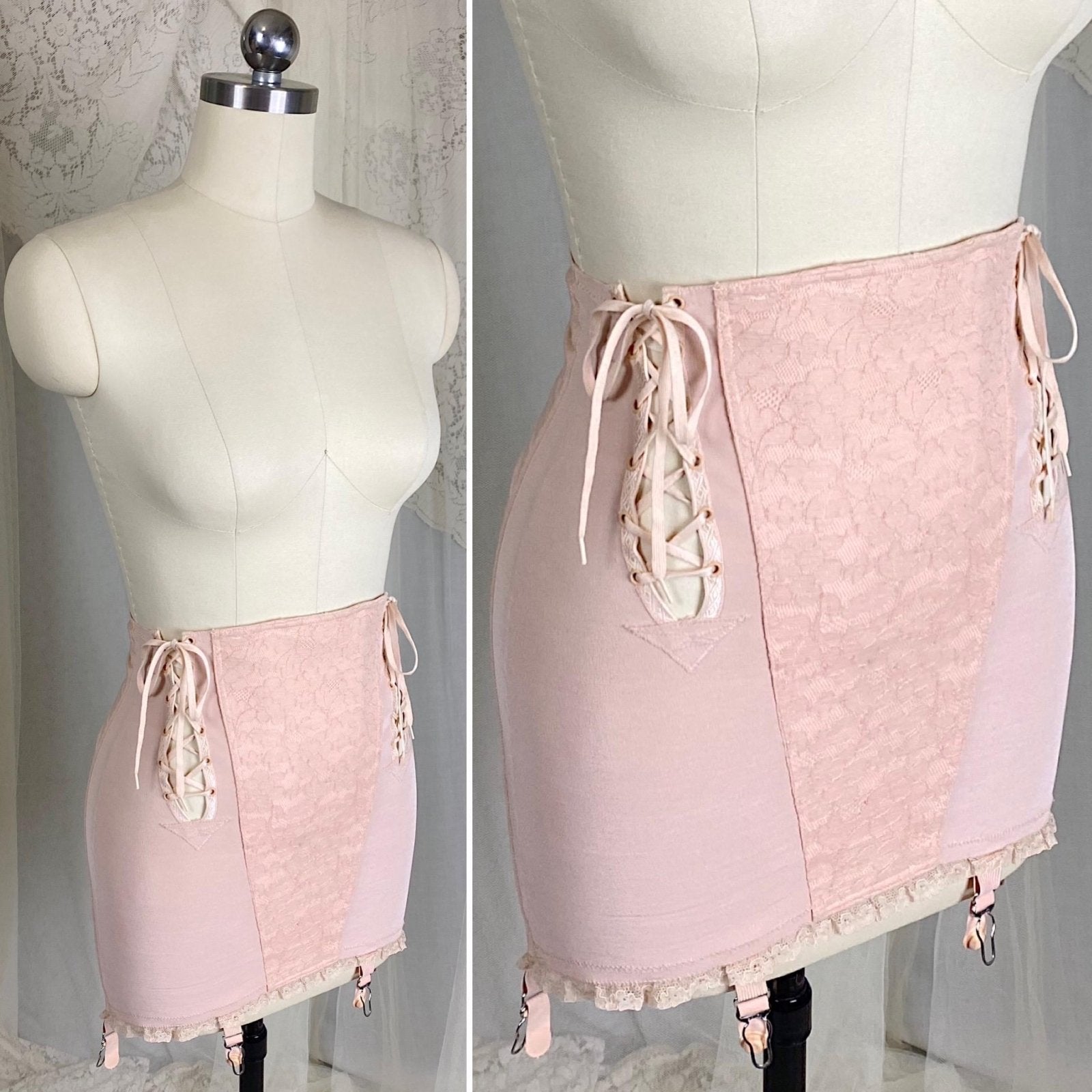 Vintage 1940's - 1950's Maternity Girdle - Warm Blush Pink Rayon Cotton Blend with Floral Lace - Size XS, S - Cocktail Hour, San Francisco - Daggers & Dames