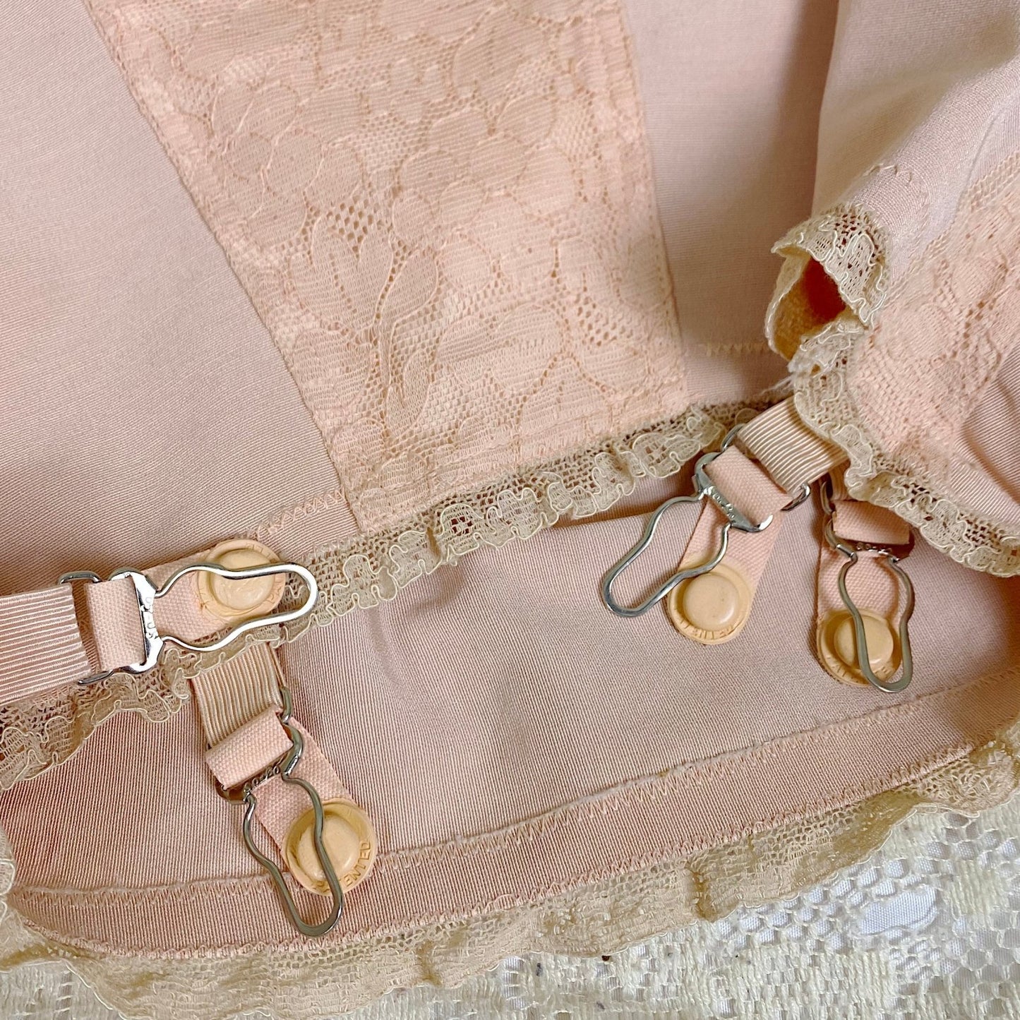 Vintage 1940's - 1950's Maternity Girdle - Warm Blush Pink Rayon Cotton Blend with Floral Lace - Size XS, S - Cocktail Hour, San Francisco - Daggers & Dames