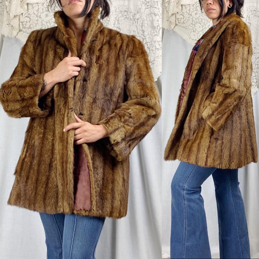 Vintage 1940's - 1950's Mink Fur Coat | Deep Maple Brown with Silk Lining | Size S, M - Daggers & Dames