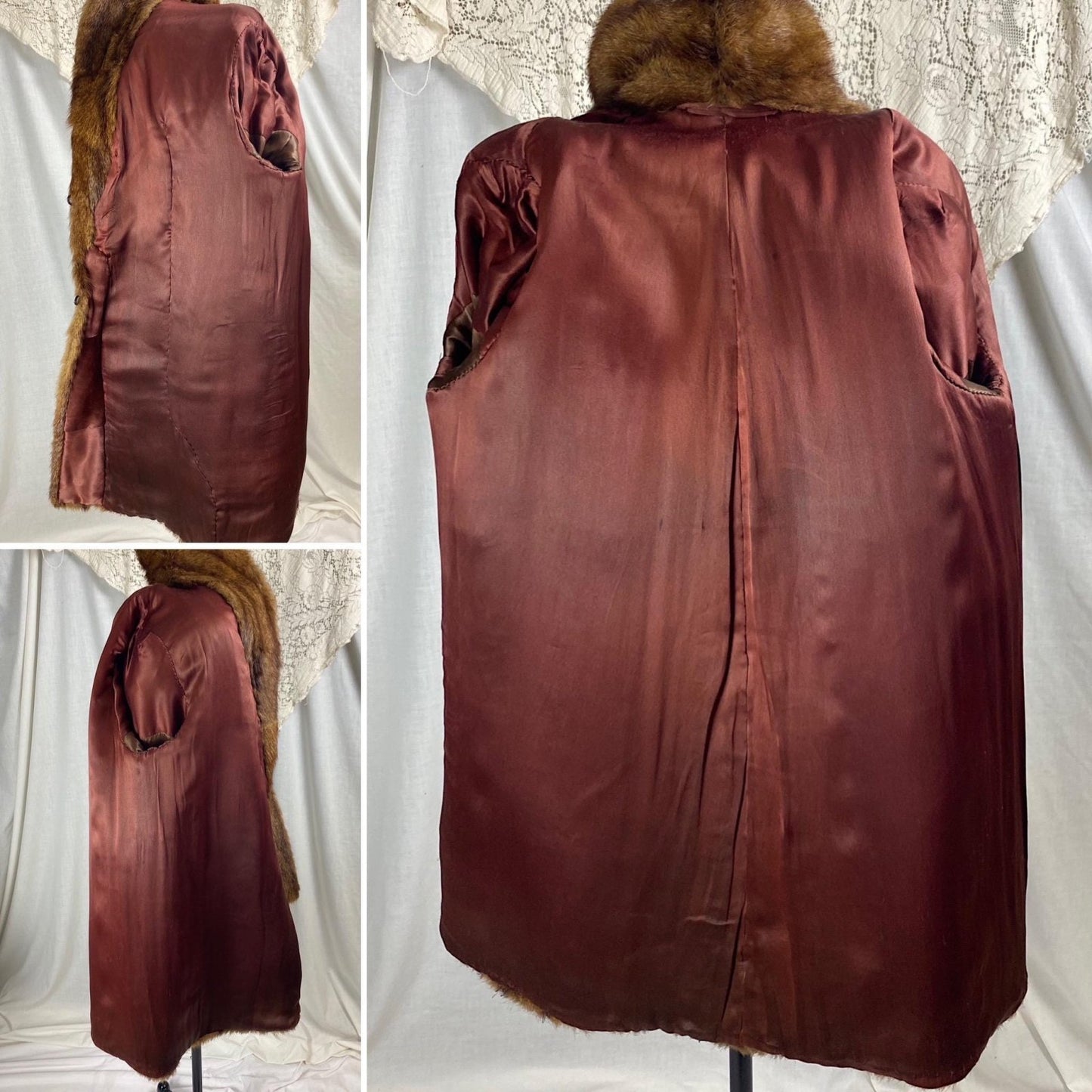 Vintage 1940's - 1950's Mink Fur Coat | Deep Maple Brown with Silk Lining | Size S, M - Daggers & Dames