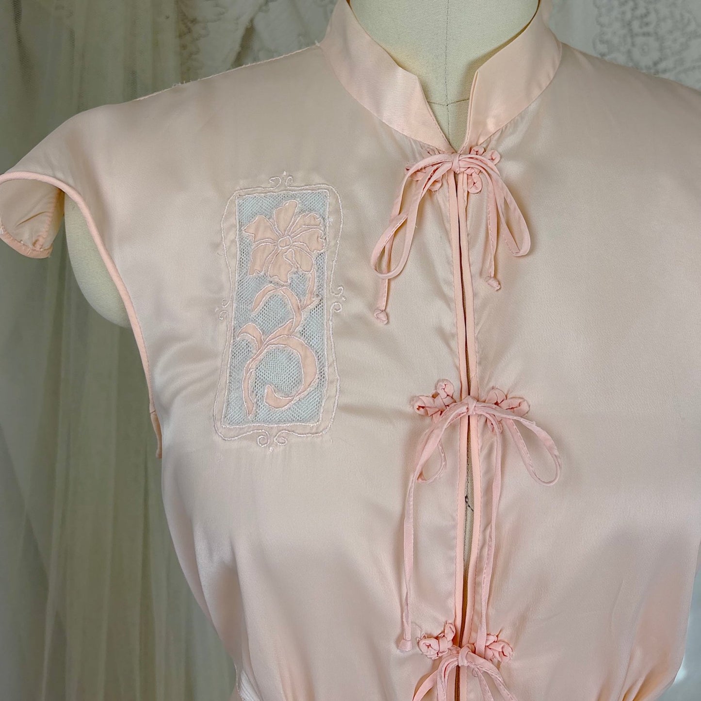 Vintage 1940's - 1950's Nightgown - Hand Stitched Palest Pink Rayon Satin with Cotton Tulle Inserts, size S, M - Daggers & Dames
