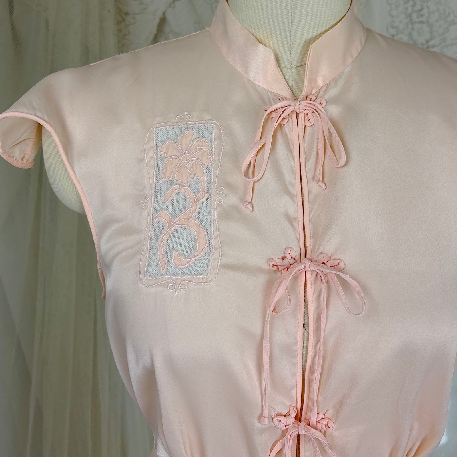 Vintage 1940's - 1950's Nightgown - Hand Stitched Palest Pink Rayon Satin with Cotton Tulle Inserts, size S, M - Daggers & Dames