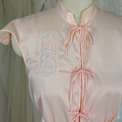 Vintage 1940's - 1950's Nightgown - Hand Stitched Palest Pink Rayon Satin with Cotton Tulle Inserts, size S, M - Daggers & Dames