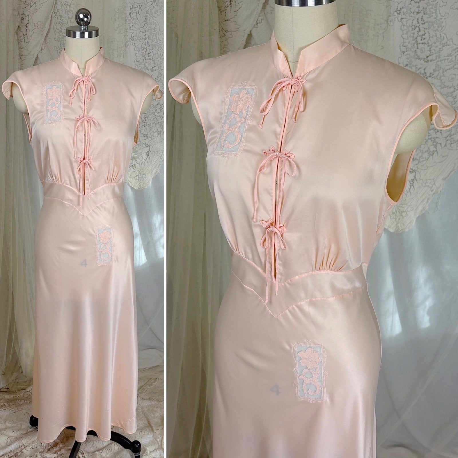 Vintage 1940's - 1950's Nightgown - Hand Stitched Palest Pink Rayon Satin with Cotton Tulle Inserts, size S, M - Daggers & Dames