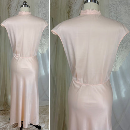 Vintage 1940's - 1950's Nightgown - Hand Stitched Palest Pink Rayon Satin with Cotton Tulle Inserts, size S, M - Daggers & Dames