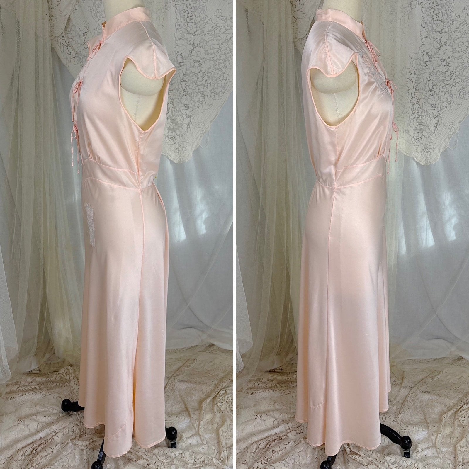 Vintage 1940's - 1950's Nightgown - Hand Stitched Palest Pink Rayon Satin with Cotton Tulle Inserts, size S, M - Daggers & Dames