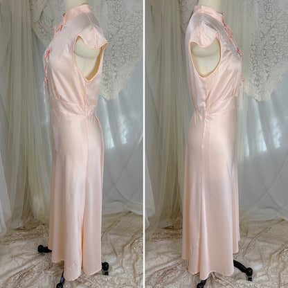 Vintage 1940's - 1950's Nightgown - Hand Stitched Palest Pink Rayon Satin with Cotton Tulle Inserts, size S, M - Daggers & Dames