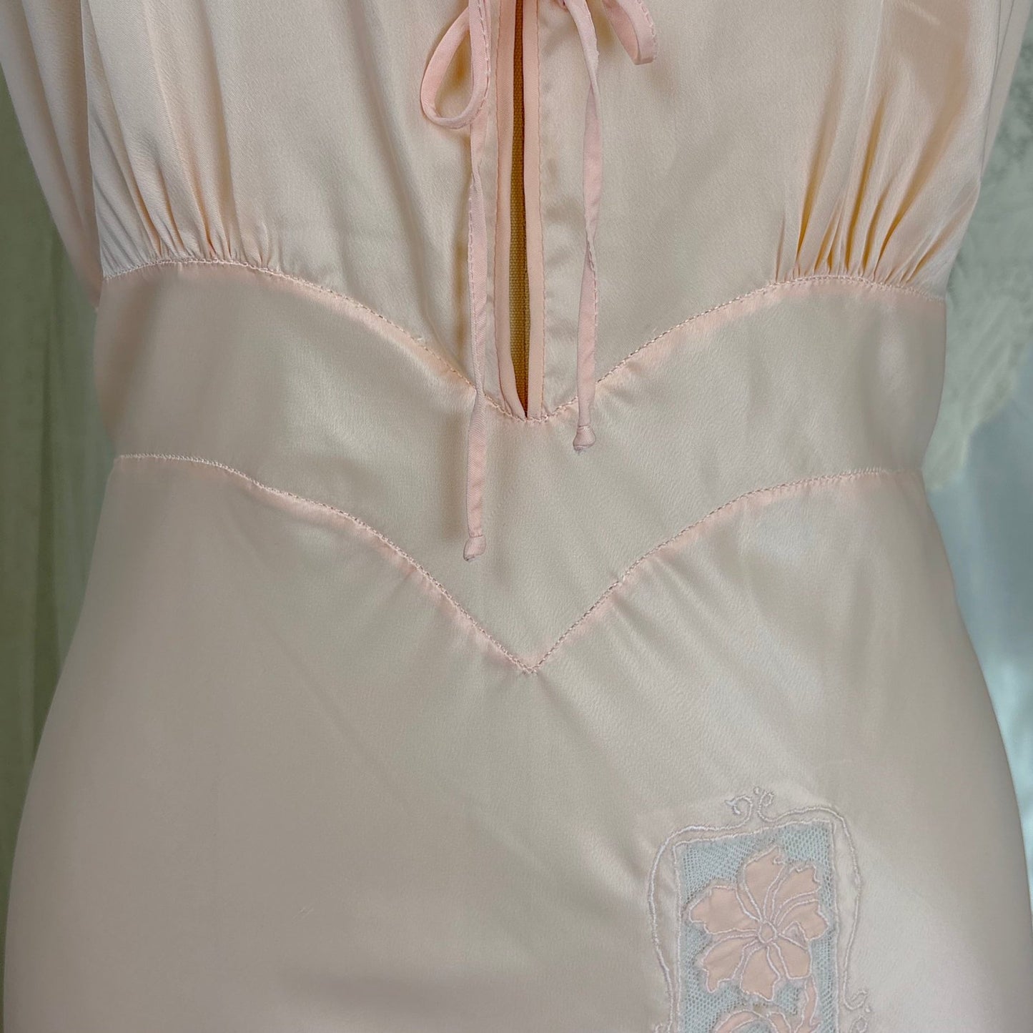 Vintage 1940's - 1950's Nightgown - Hand Stitched Palest Pink Rayon Satin with Cotton Tulle Inserts, size S, M - Daggers & Dames