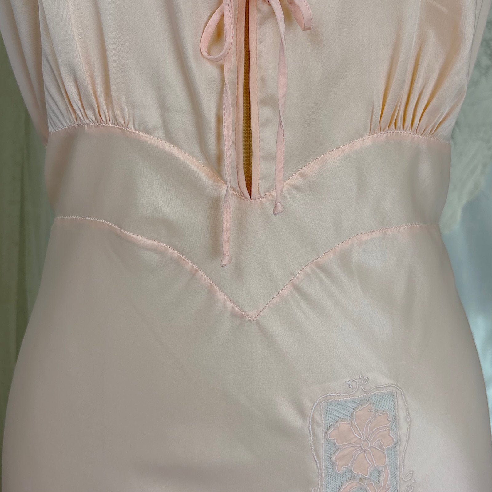 Vintage 1940's - 1950's Nightgown - Hand Stitched Palest Pink Rayon Satin with Cotton Tulle Inserts, size S, M - Daggers & Dames