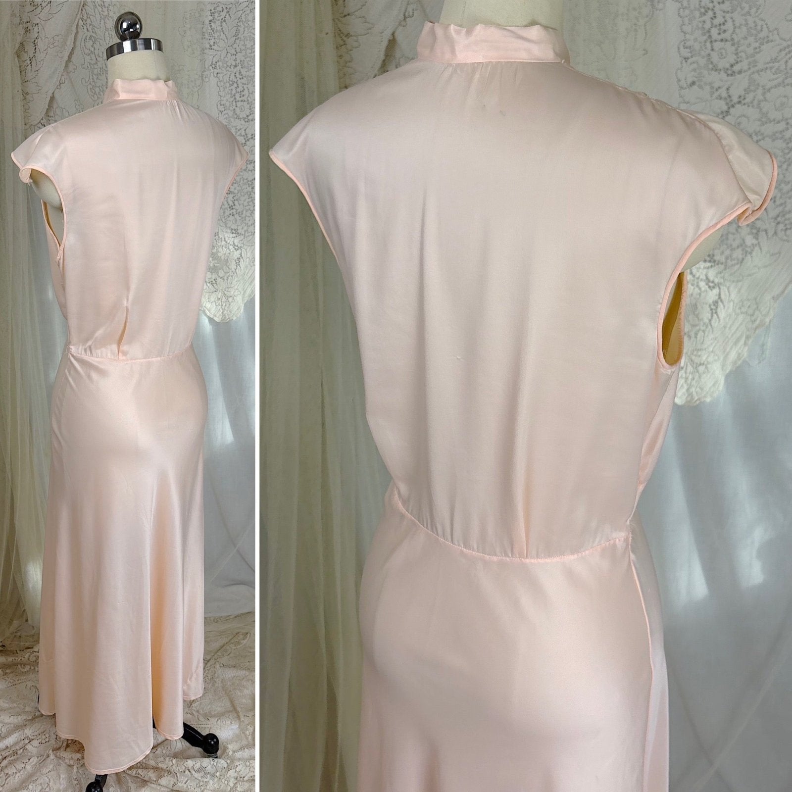 Vintage 1940's - 1950's Nightgown - Hand Stitched Palest Pink Rayon Satin with Cotton Tulle Inserts, size S, M - Daggers & Dames