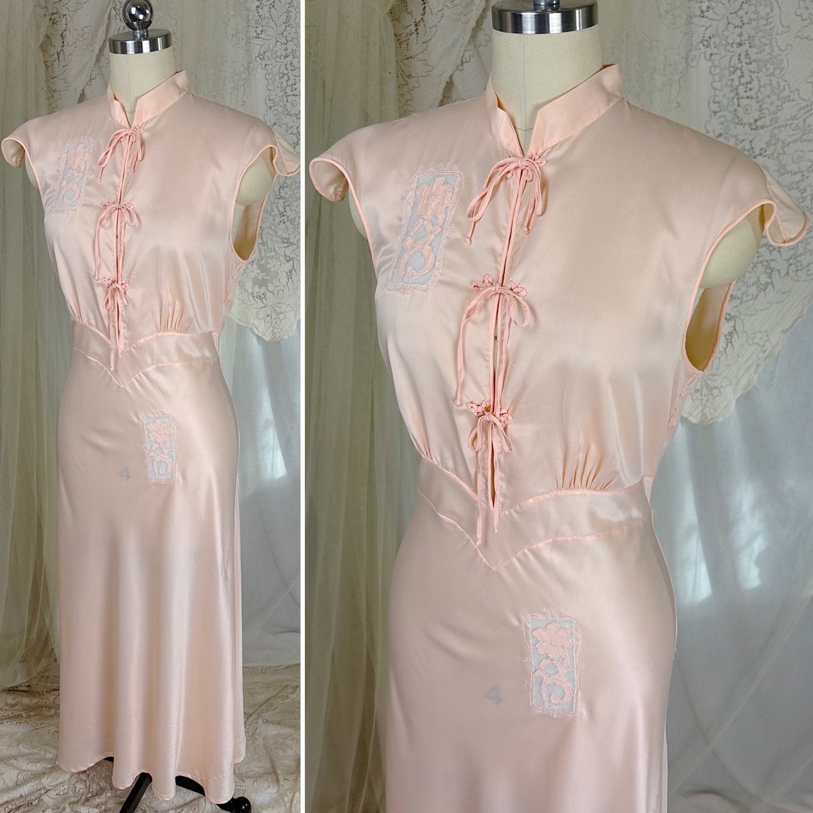 Vintage 1940's - 1950's Nightgown - Hand Stitched Palest Pink Rayon Satin with Cotton Tulle Inserts, size S, M - Daggers & Dames