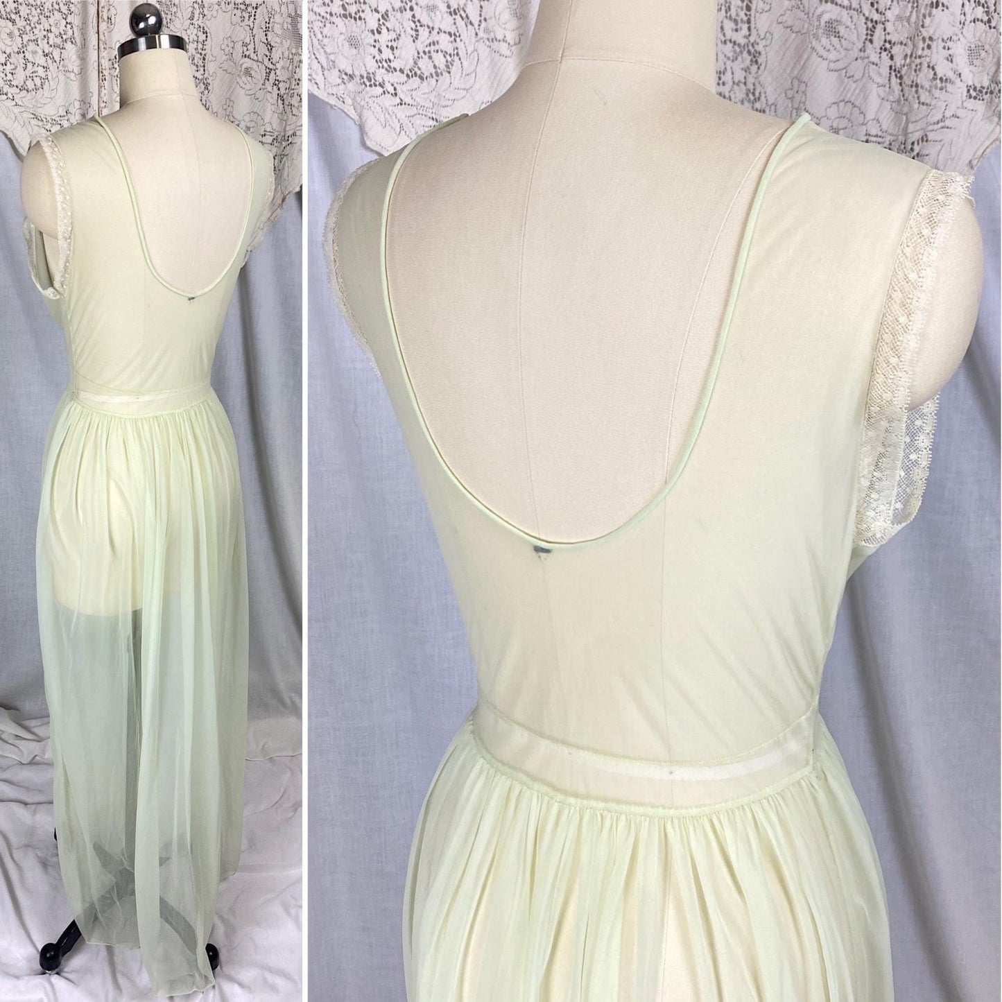 Vintage 1940's - 1950's Nightgown | Hand Stitched Sheer Mint Green Crisp Nylon with Ivory Bobbin Lace Inserts & Embroidery | Size S, M - Daggers & Dames