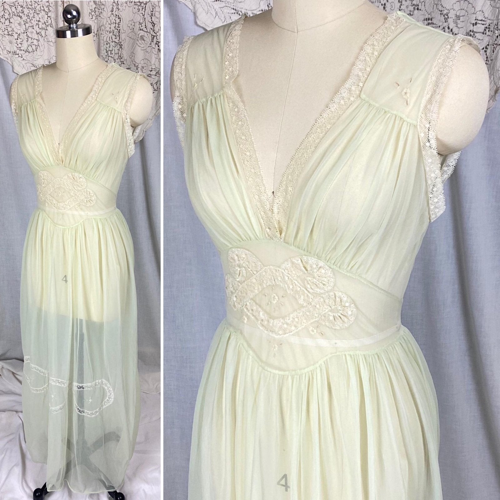 Vintage 1940's - 1950's Nightgown | Hand Stitched Sheer Mint Green Crisp Nylon with Ivory Bobbin Lace Inserts & Embroidery | Size S, M - Daggers & Dames