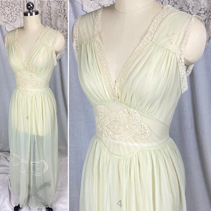 Vintage 1940's - 1950's Nightgown | Hand Stitched Sheer Mint Green Crisp Nylon with Ivory Bobbin Lace Inserts & Embroidery | Size S, M - Daggers & Dames